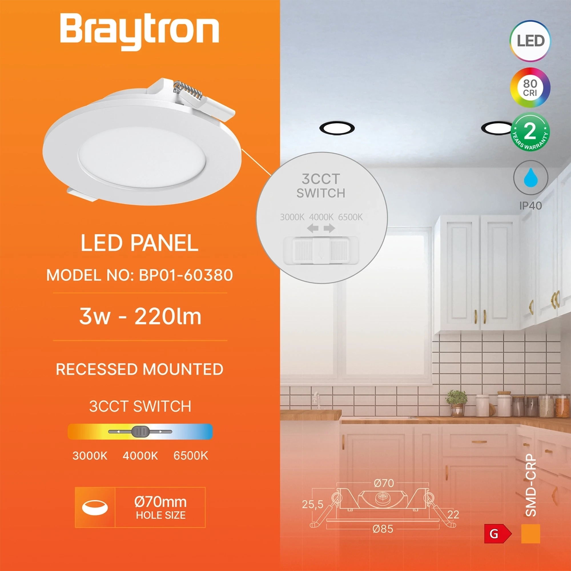 Braytron -Spot LED encastrable 3W Blanc - CCT – 220 lm – Encastrement Ø70 mm – Image 5